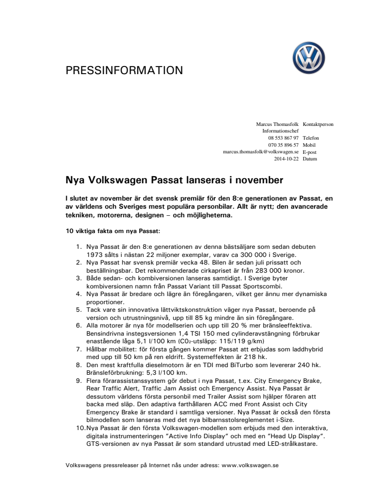 Pressinformation nya Passat