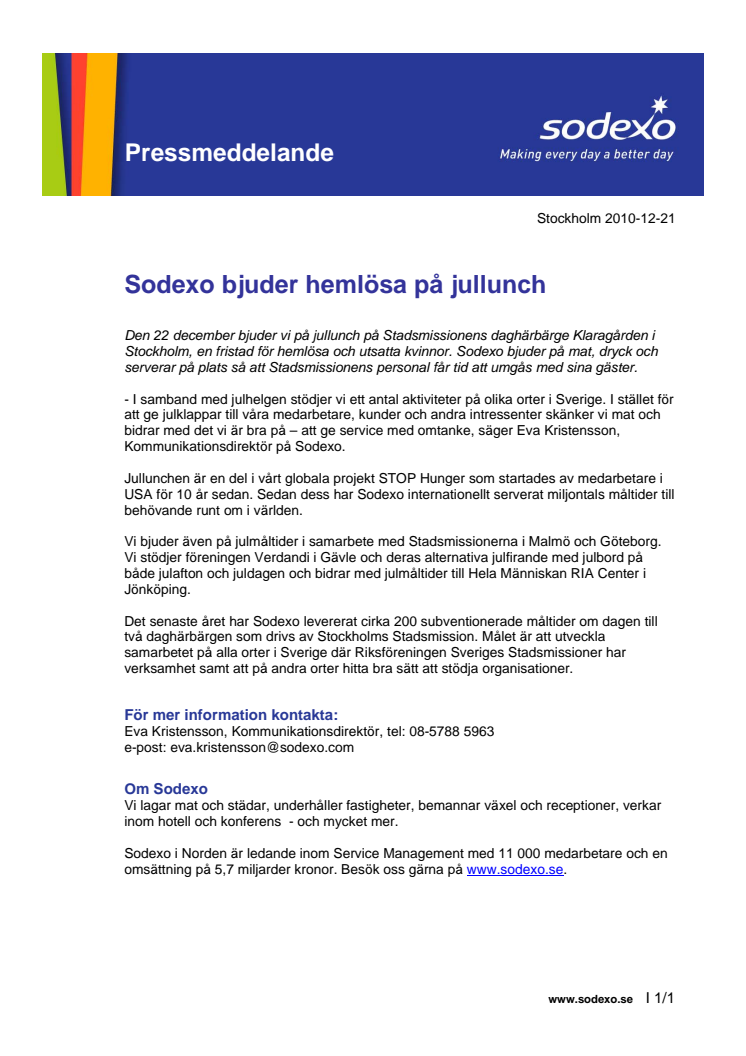 Sodexo bjuder hemlösa på jullunch 