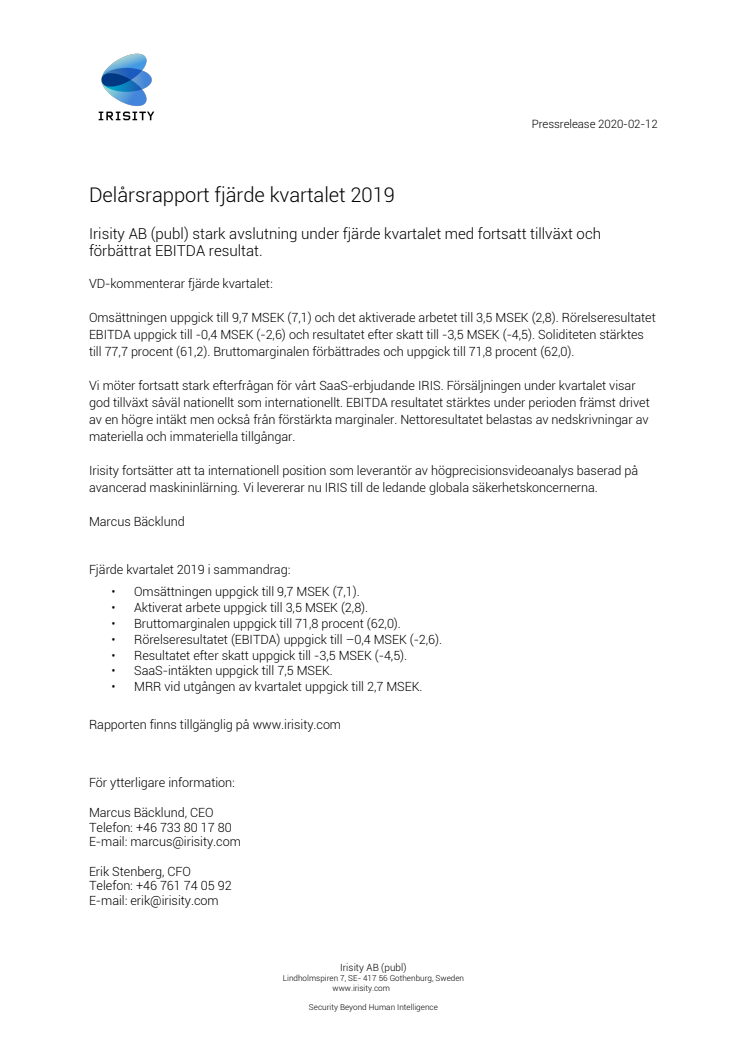 Delårsrapport fjärde kvartalet 2019