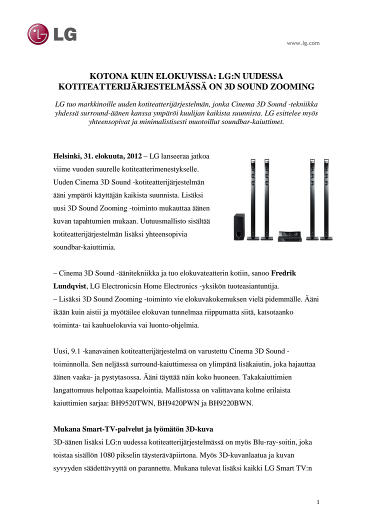 IFA 2012: Kotona kuin elokuvissa: LG:n uudessa kotiteatterijärjestelmässä on 3D sound zooming