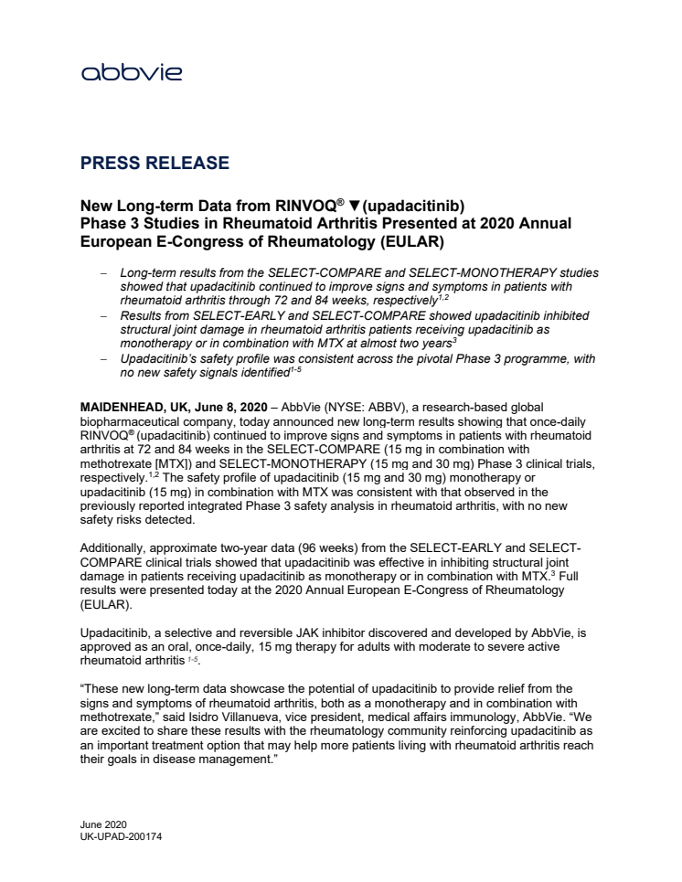 New Long-term Data from RINVOQ® ▼(upadacitinib). Phase 3 Studies in Rheumatoid Arthritis Presented at Annual European E-Congress of Rheumatology (EULAR)