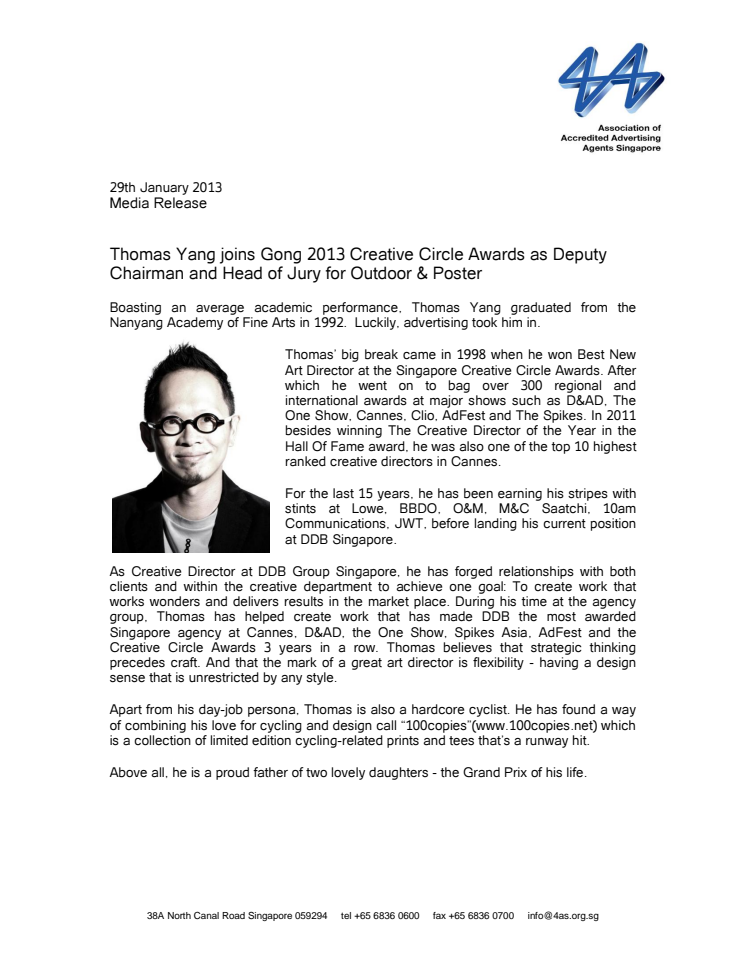 Thomas Yang joins Gong 2013 Creative Circle Awards as Deputy Chairman and Head of Jury for Outdoor & Poster