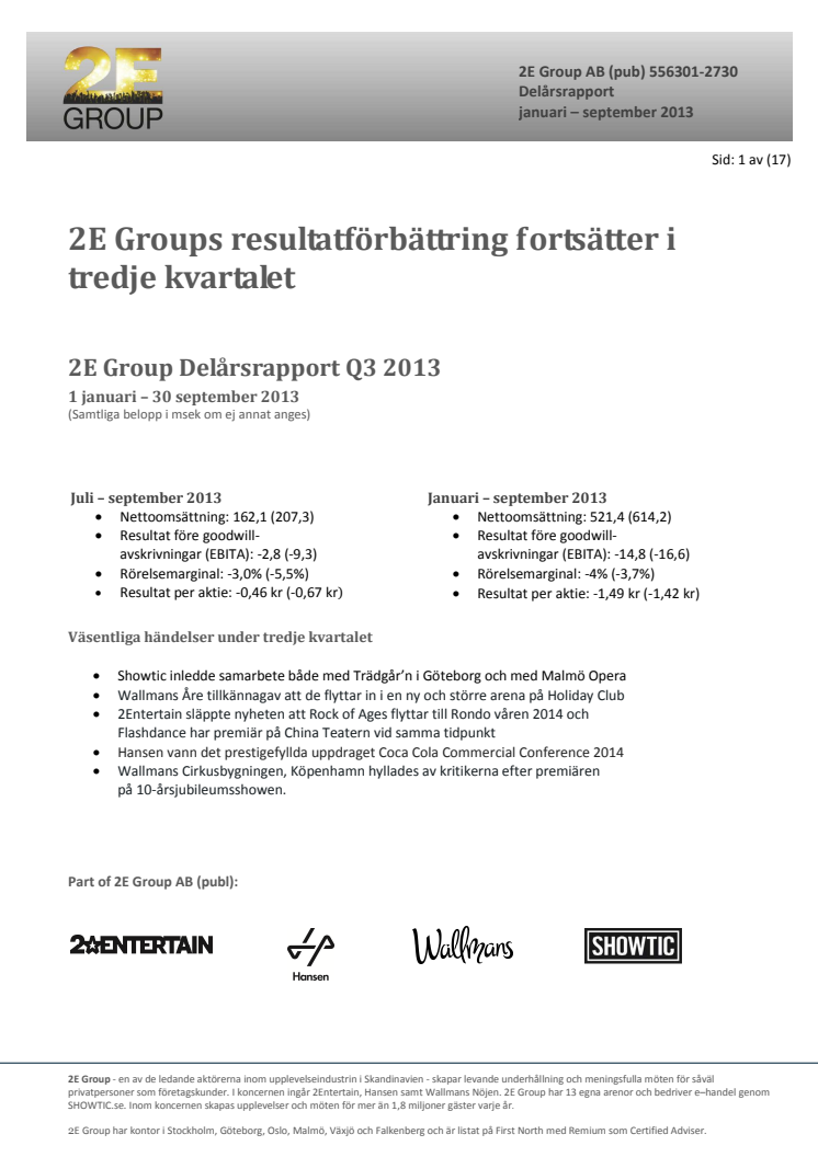 2E Group Delårsrapport 1 jan - 30 sept 2013