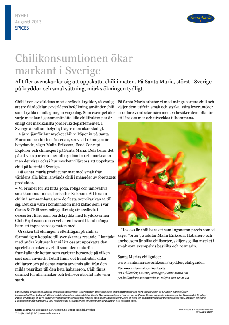 Chilikonsumtionen ökar markant i Sverige