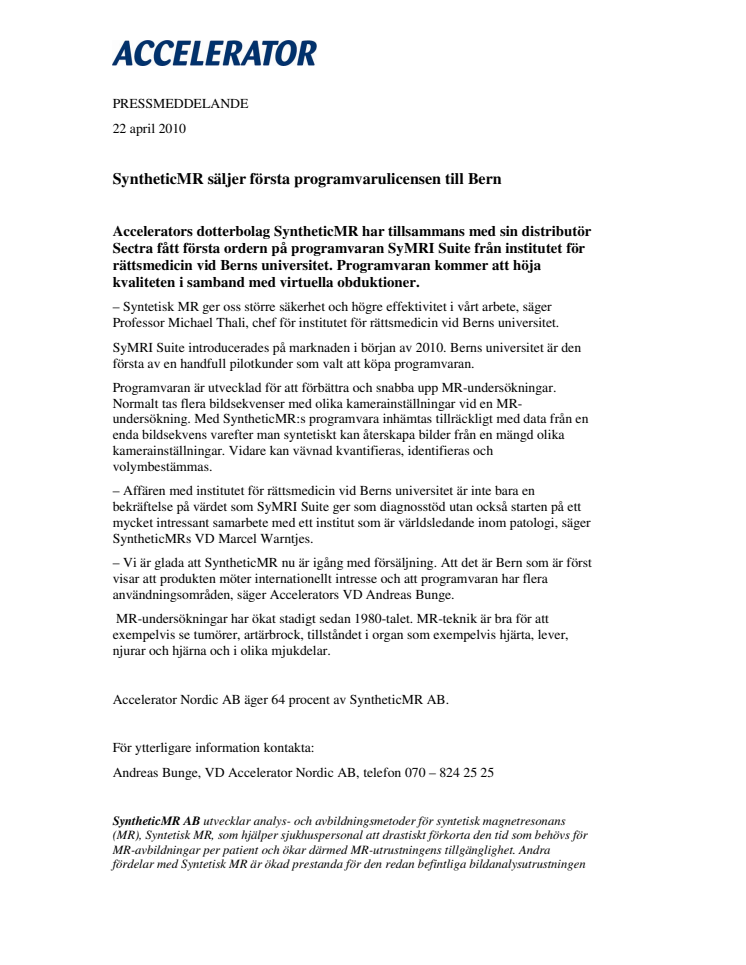 SyntheticMR säljer första programvarulicensen till Bern