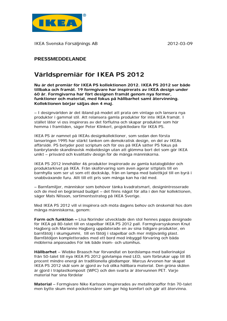 Världspremiär för IKEA PS 2012