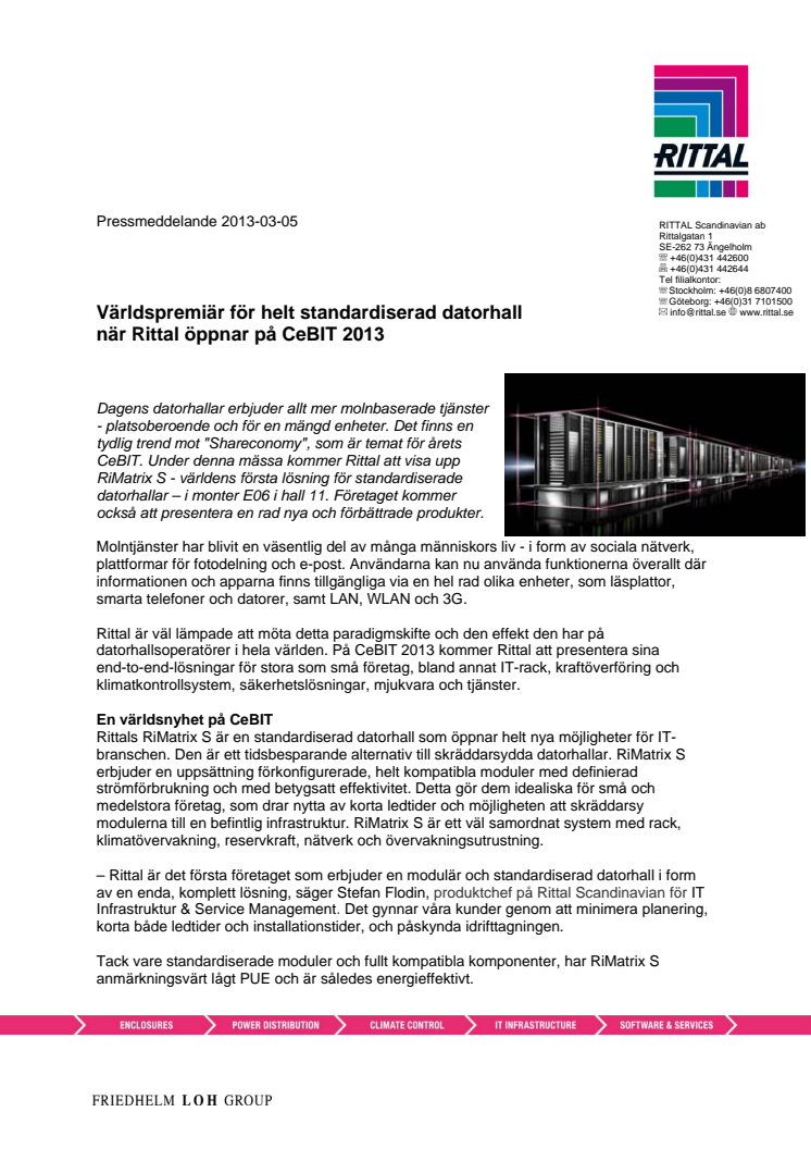 Världspremiär för helt standardiserad datorhall när Rittal öppnar på CeBIT 2013