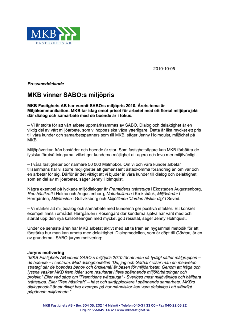 MKB vinner SABO:s miljöpris