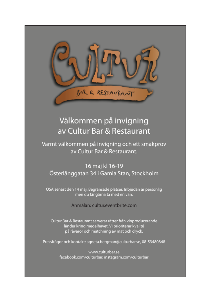 Pressinbjudan: Invigning Cultur Bar & Restaurant