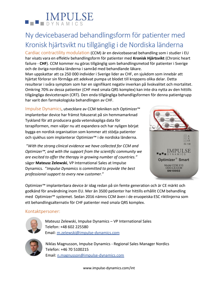Ny devicebaserad behandlingsform för patienter med Kronisk hjärtsvikt nu tillgänglig i de Nordiska länderna