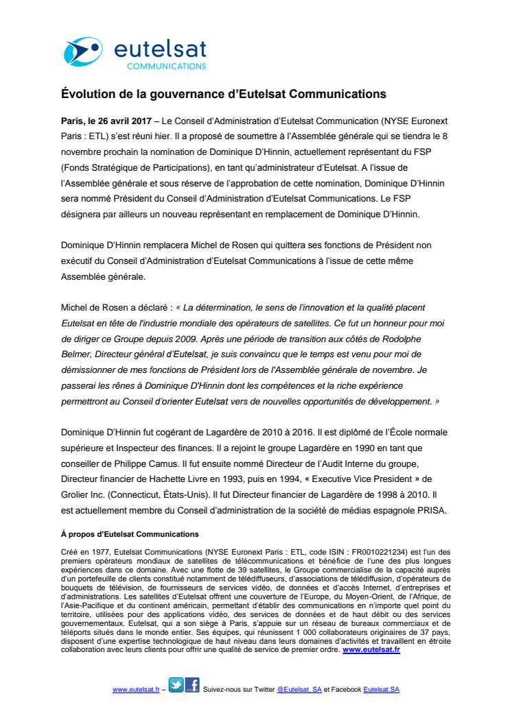 Évolution de la gouvernance d’Eutelsat Communications