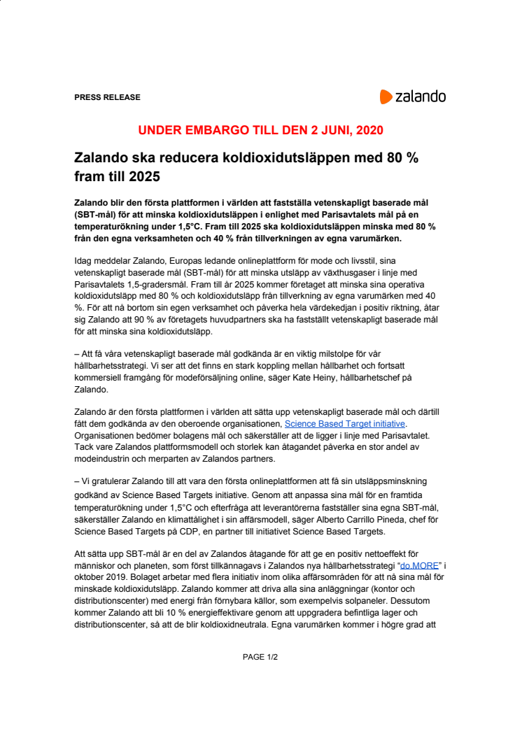 Zalando ska minska koldioxidutsläppen med 80 % senast 2025