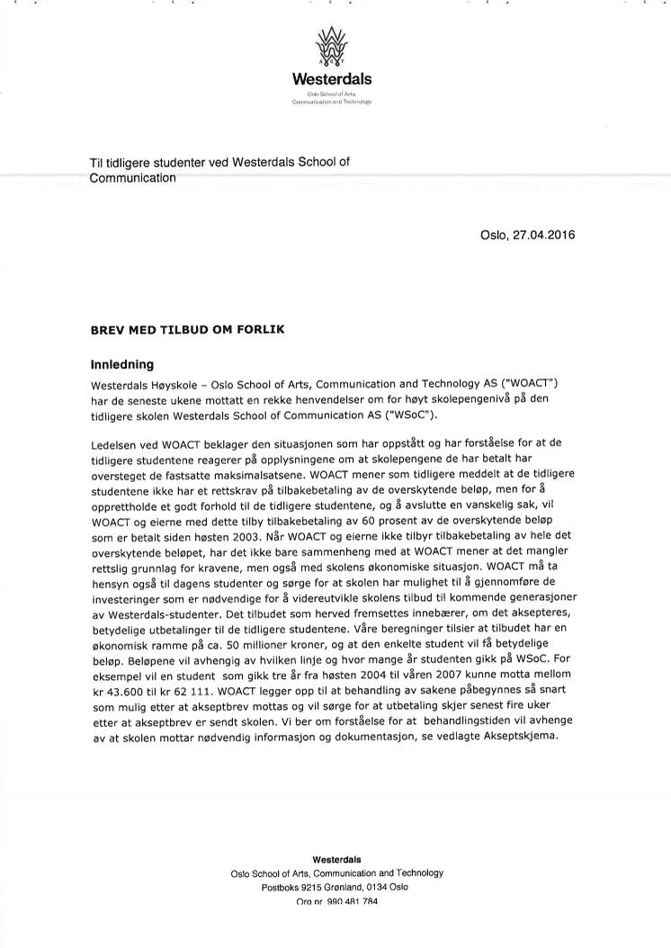 Tilbudsbrev forlik studenter Westerdals Oslo ACT