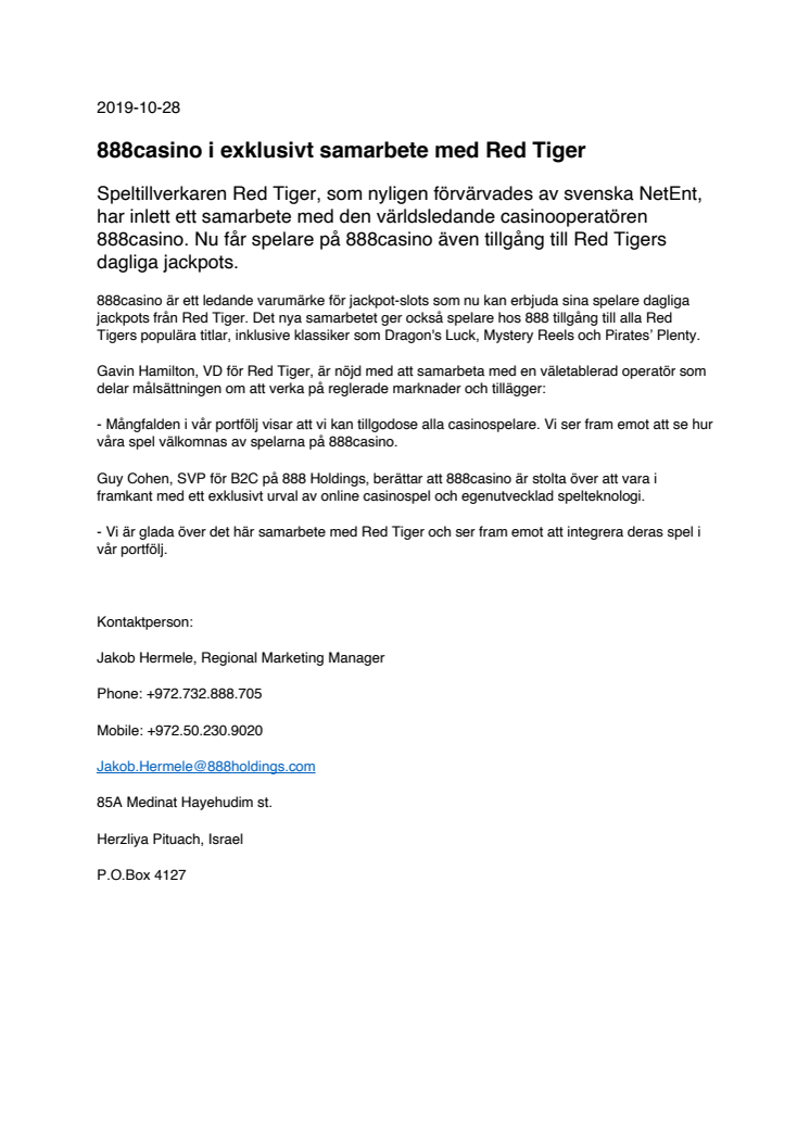 888casino i exklusivt samarbete med Red Tiger