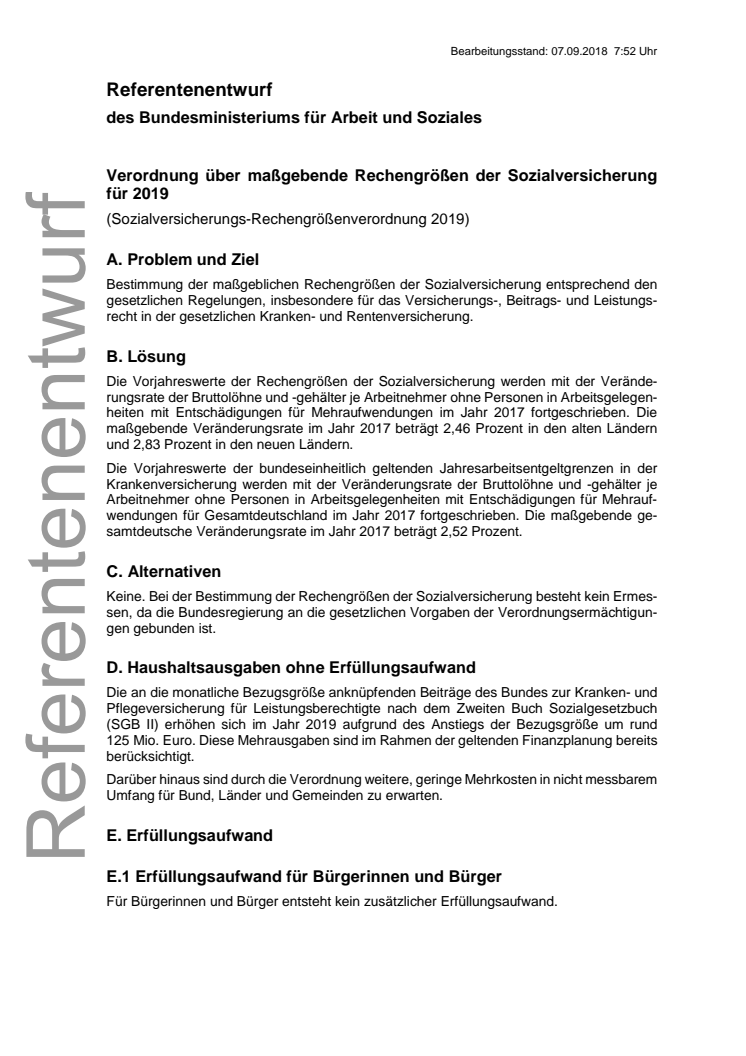 BMAS Referentenentwurf Sozialversicherungs-Rechengrößenverordnung 2019