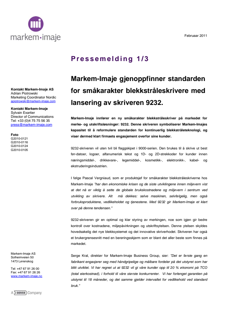 Markem-Imaje gjenoppfinner standarden for småkarakter blekkstråleskrivere med lansering av skriveren 9232.