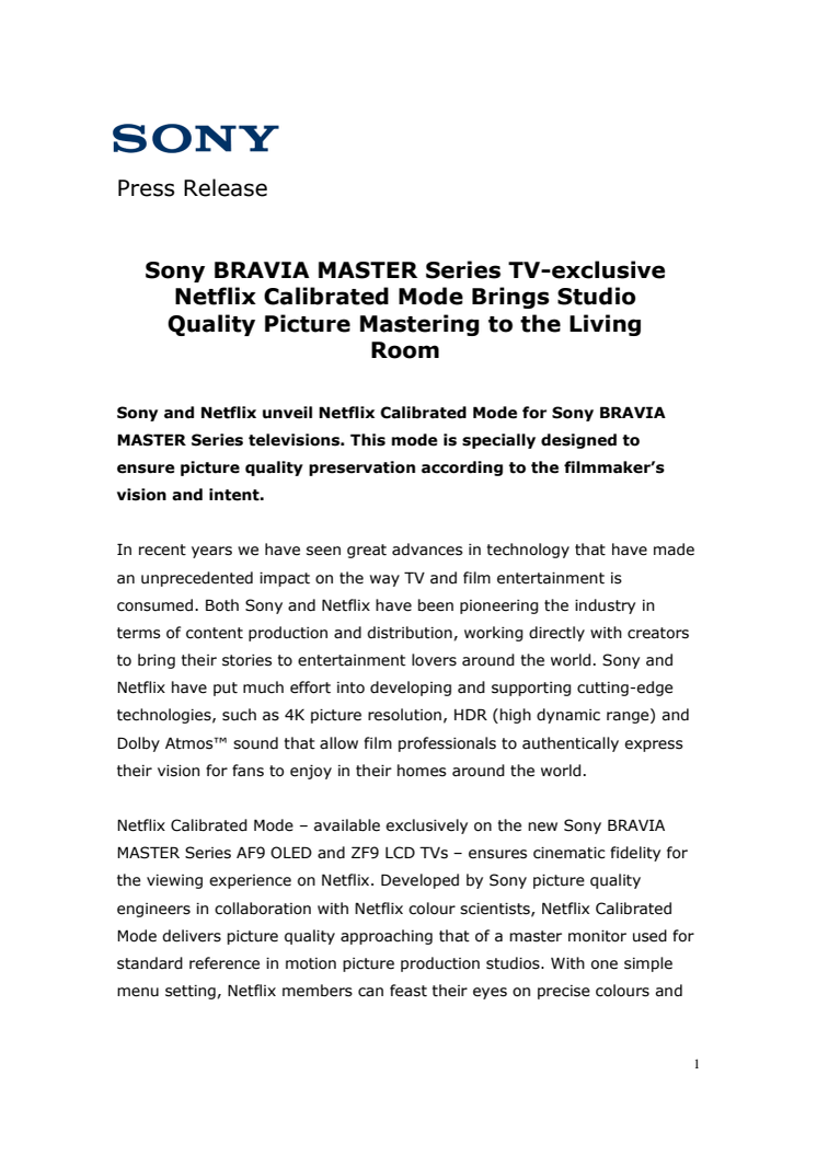 Sony BRAVIA MASTER Series TV-er med «Netflix Calibrated Mode» gir deg filmstudiokvalitet i stua