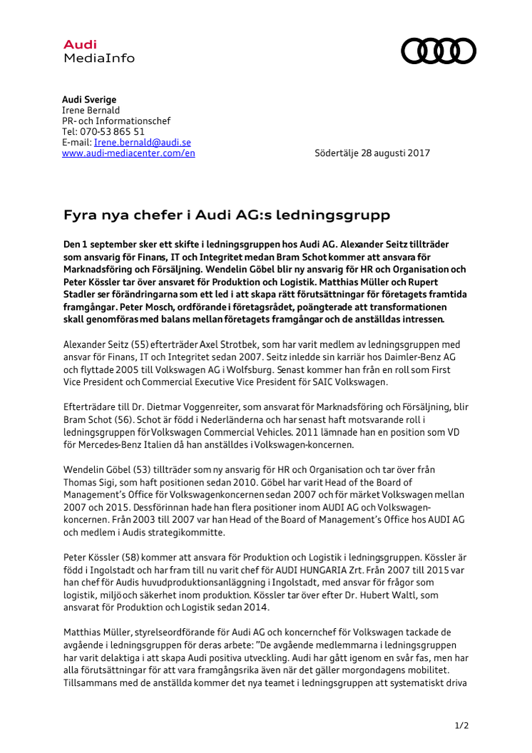 Fyra nya chefer i Audi AG:s ledningsgrupp