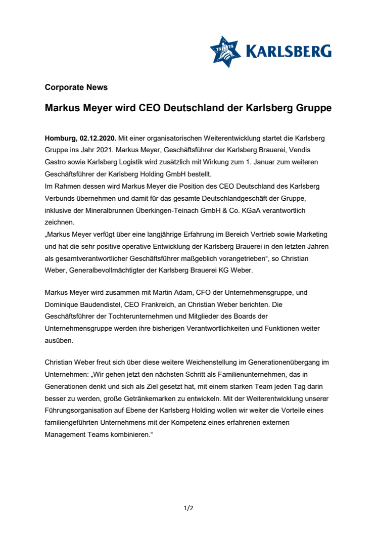 Corporate News: Markus Meyer wird CEO Deutschland der Karlsberg Gruppe