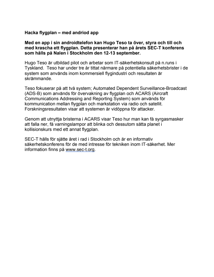 Hacka flygplan med android app