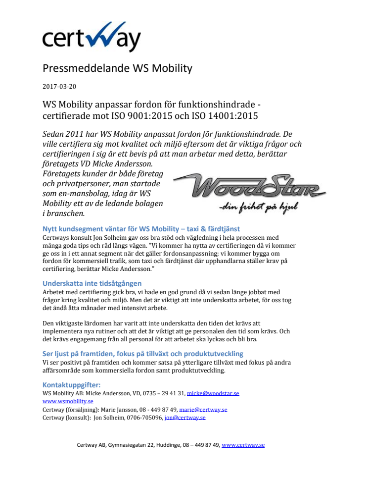 WS Mobility anpassar fordon för funktionshindrade - certifierade mot ISO 9001:2015 och ISO 14001:2015