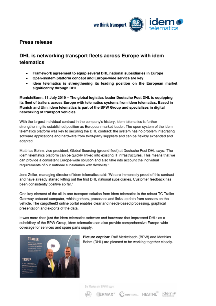 DHL is networking transport fleets across Europe with idem telematics