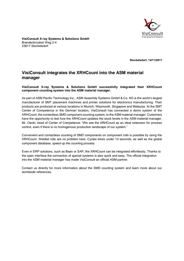 VisiConsult integrates the XRHCount into the ASM material manager