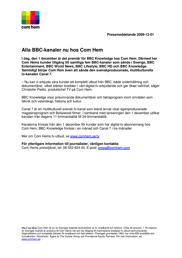 Alla BBC-kanaler nu hos Com Hem