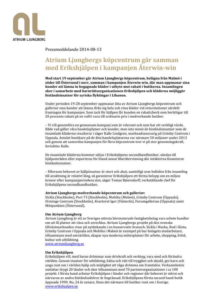 Atrium Ljungbergs köpcentrum går samman med Erikshjälpen i kampanjen Återwin-­‐win