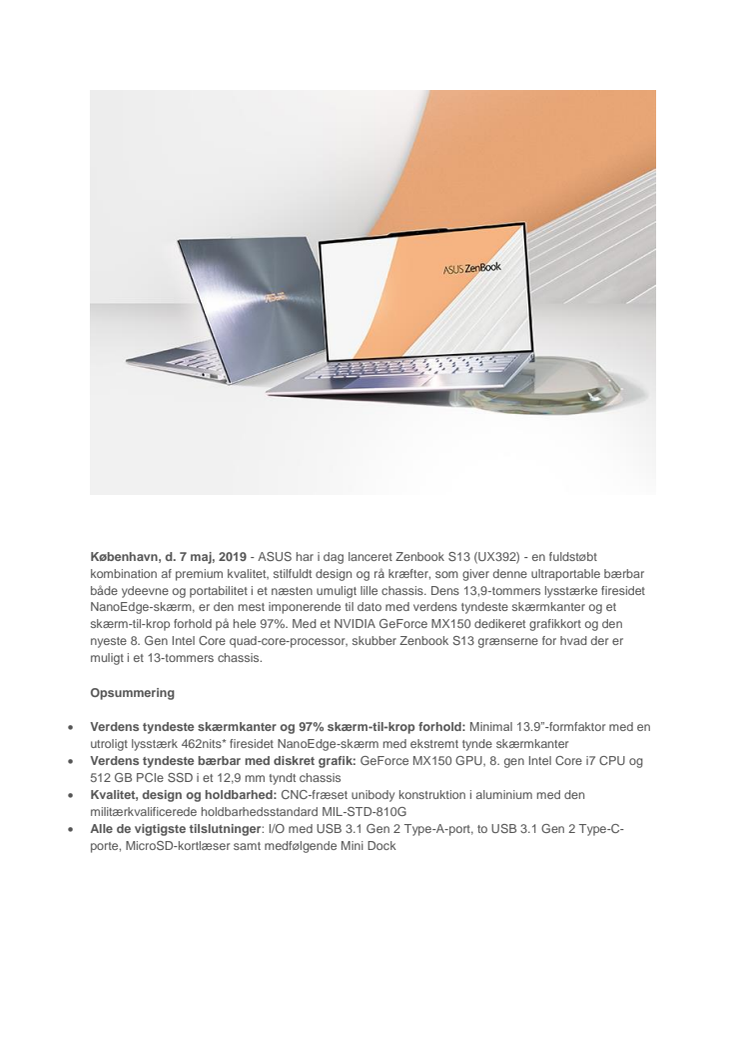 Pressemeddelse Zenbook S13 Dansk