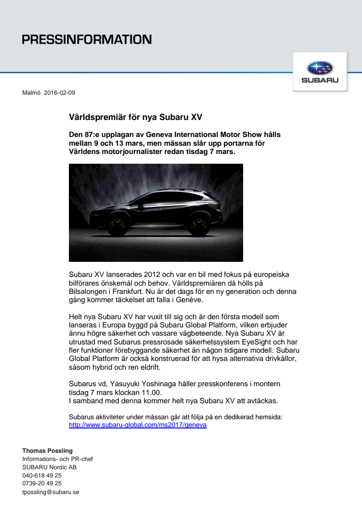 Världspremiär för nya Subaru XV