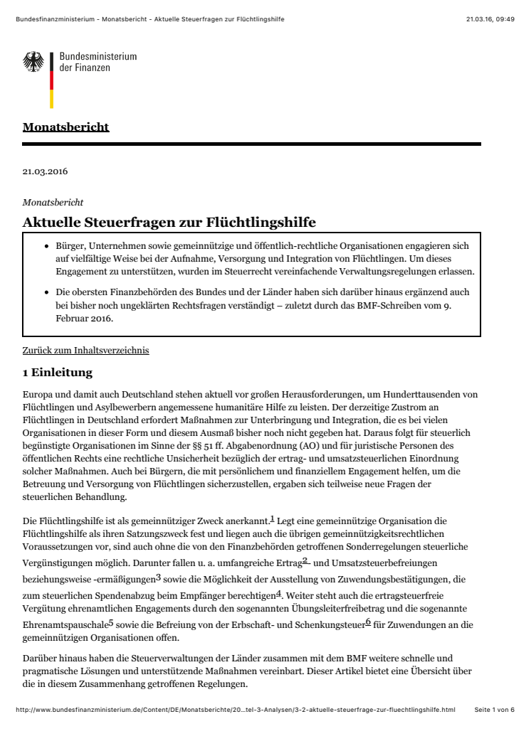 Aktuelle Steuerfragen zur Flüchtlingshilfe - das  Bundesfinanzministerium äußert sich im aktuellen Monatsbericht ausführlich