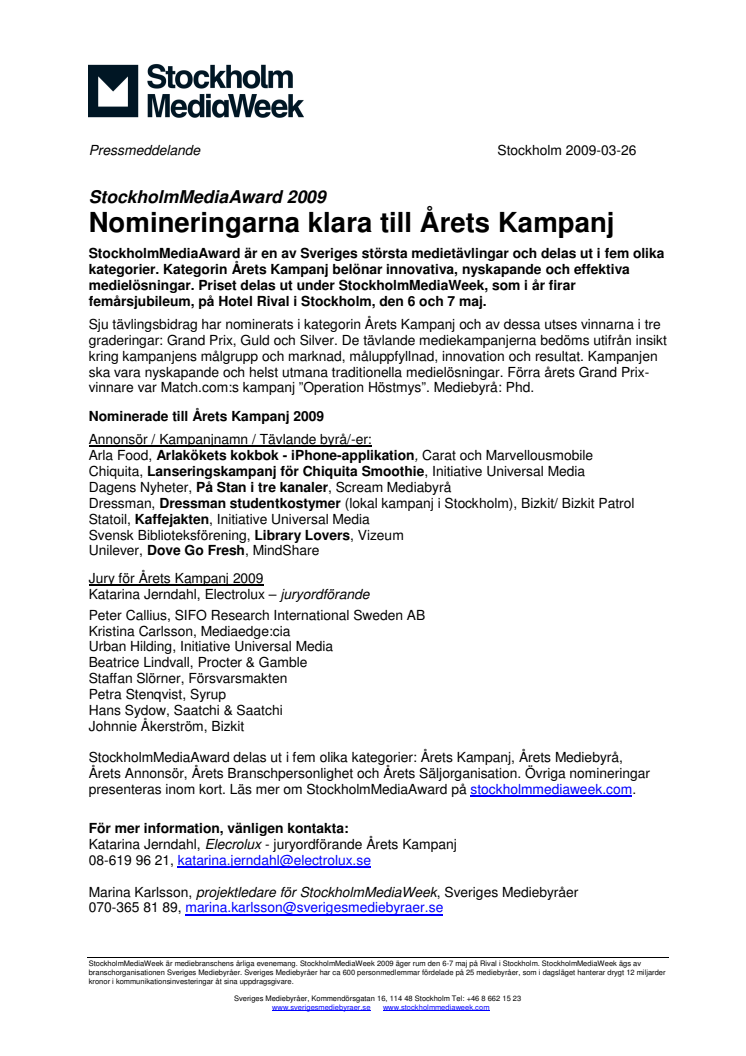 StockholmMediaAward 2009: Nomineringarna klara till Årets Kampanj