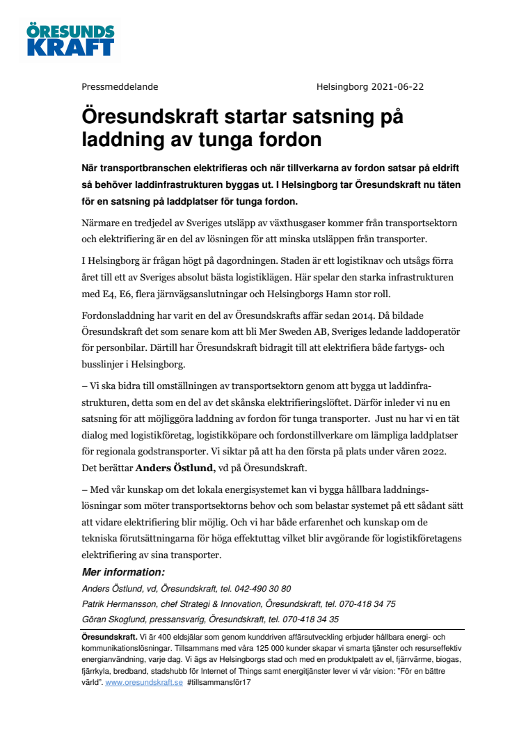 ​Öresundskraft startar satsning på laddning av tunga fordon