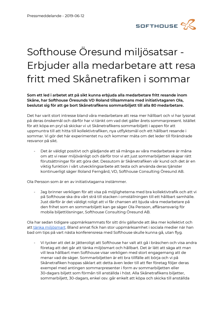​Softhouse Öresund miljösatsar - Erbjuder alla medarbetare att resa fritt med Skånetrafiken i sommar