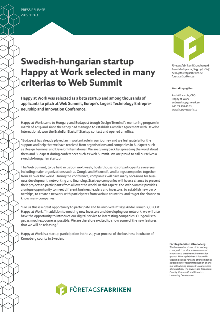 Swedish-Hungarian startup Happy at Work selected in many criteria to Web Summit