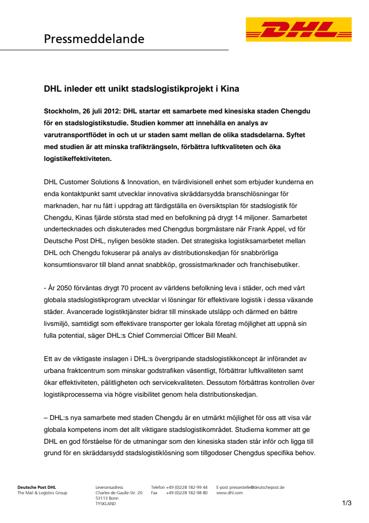 DHL inleder ett unikt stadslogistikprojekt i Kina