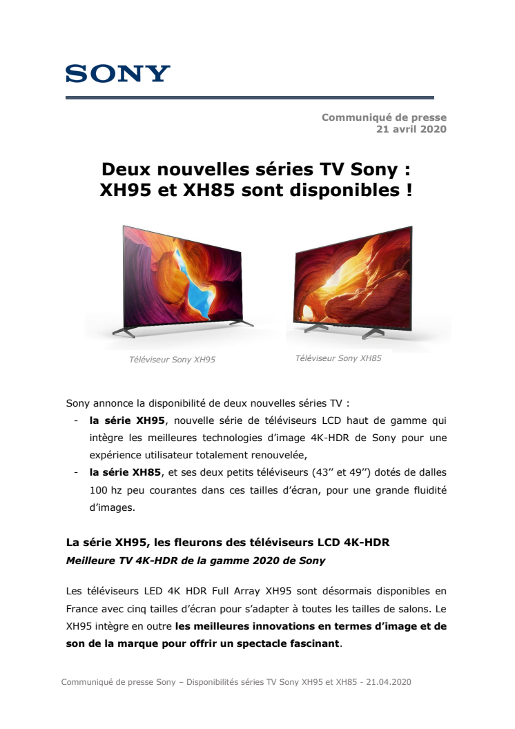 Deux nouvelles séries TV Sony XH95 et XH85 sont disponibles !