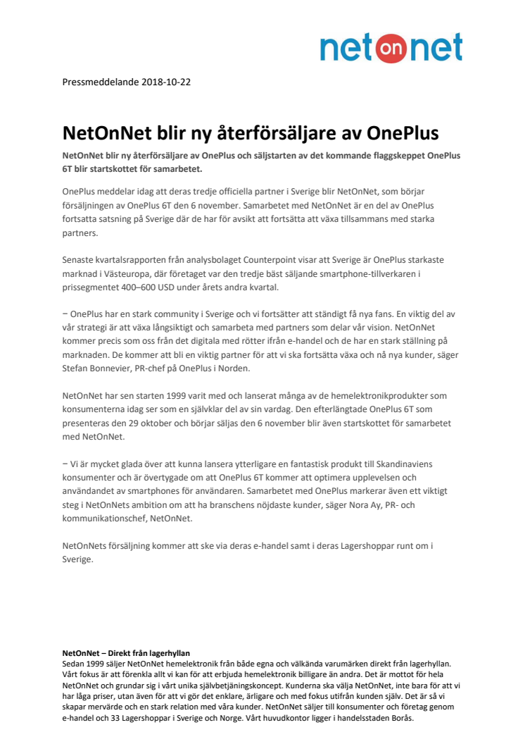 NetOnNet blir ny återförsäljare av OnePlus