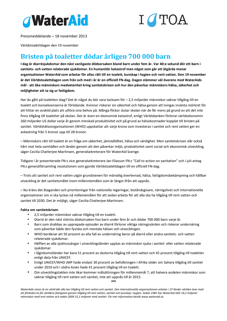 Bristen på toaletter dödar årligen 700 000 barn
