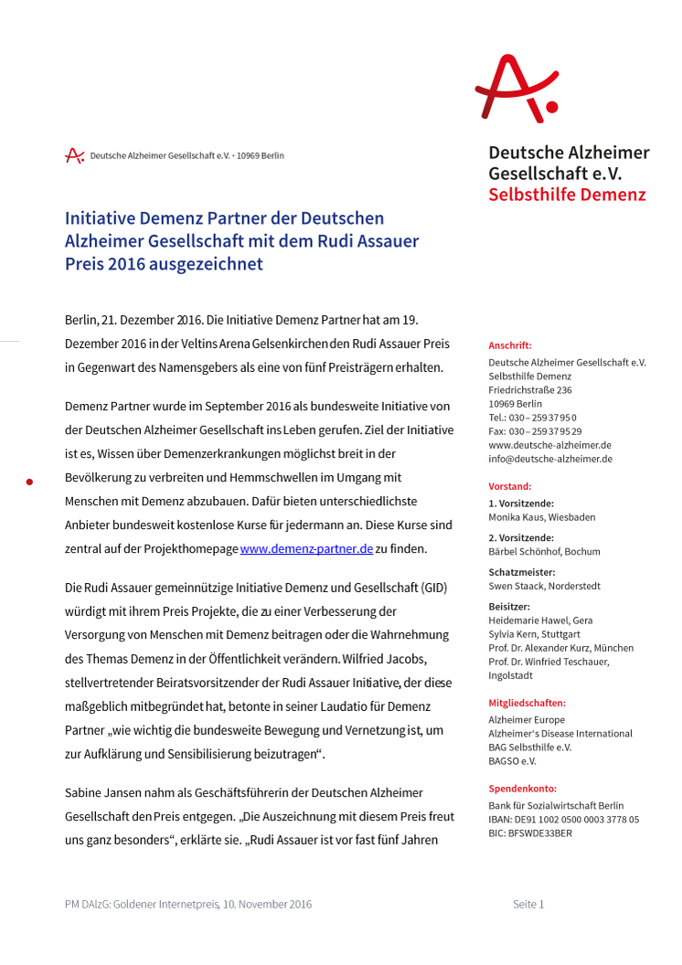 Initiative Demenz Partner der Deutschen Alzheimer Gesellschaft mit dem Rudi Assauer Preis 2016 ausgezeichnet