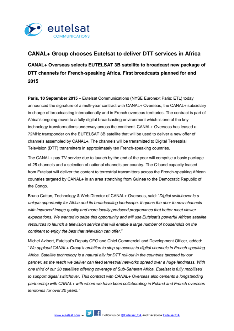 CANAL+ Group chooses Eutelsat to deliver DTT services in Africa