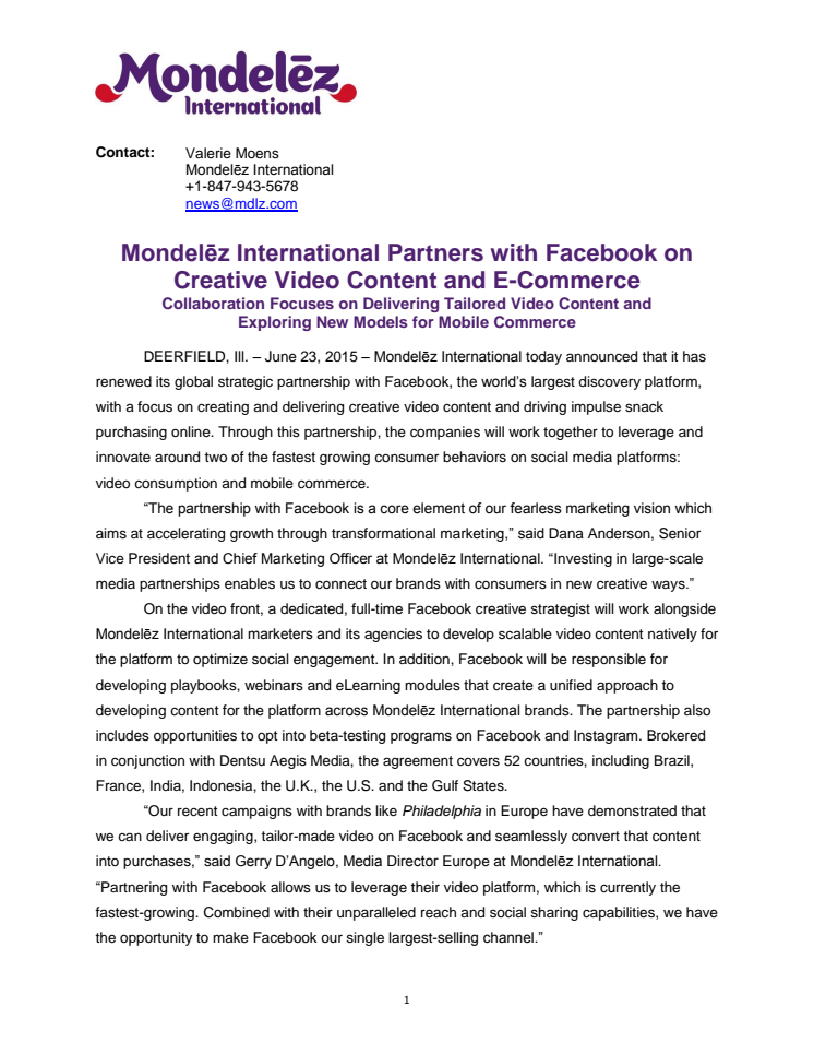 Mondelēz International Partners with Facebook on Creative Video Content and E-Commerce