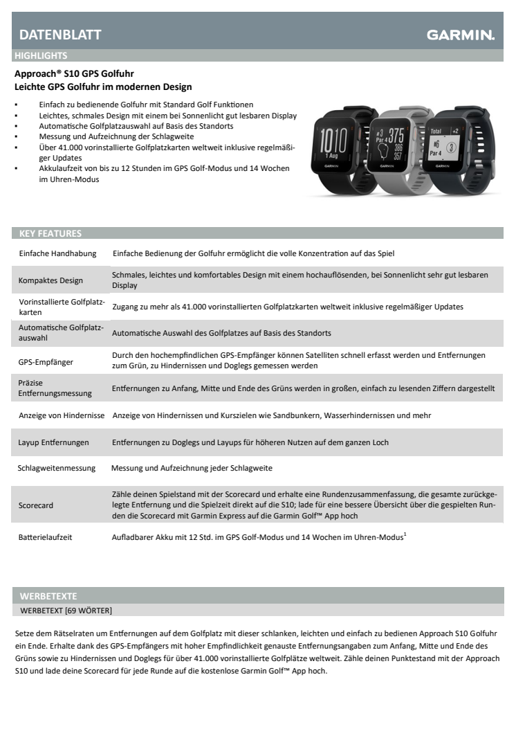 Datenblatt Garmin Approach S10