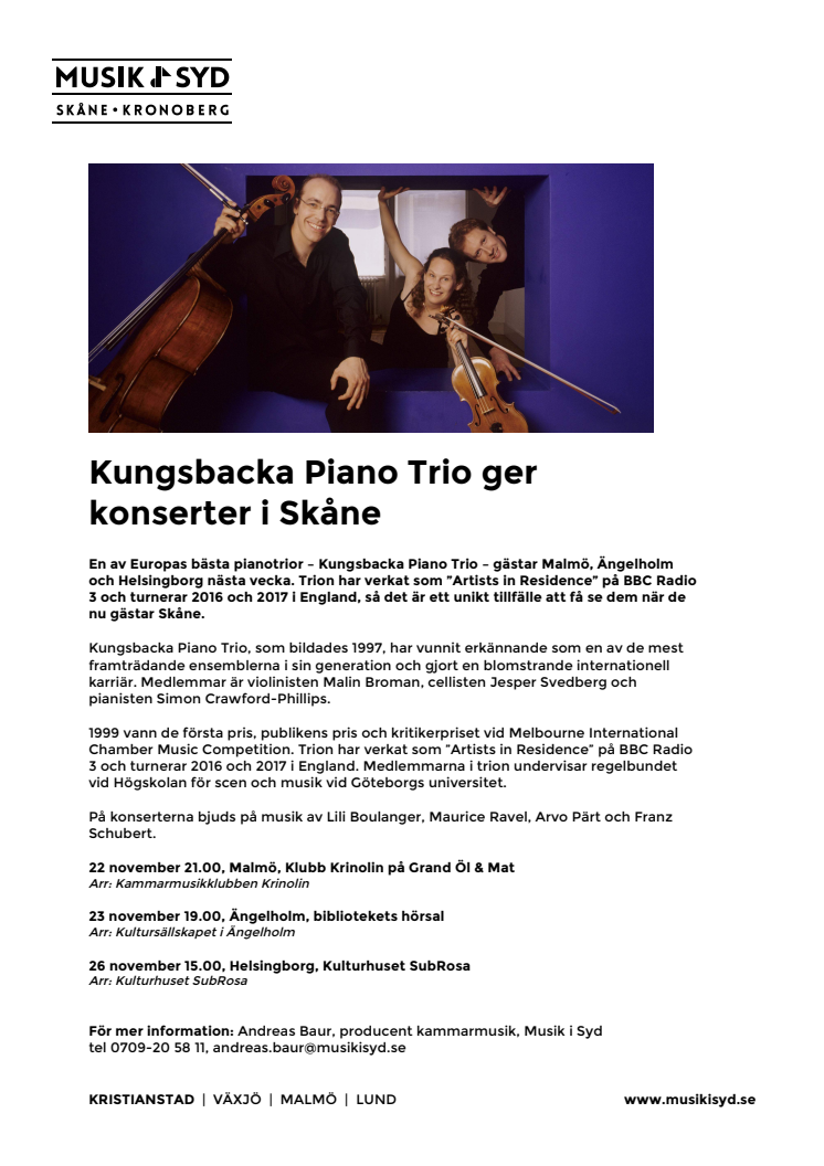 Kungsbacka Piano Trio ger konserter i Skåne