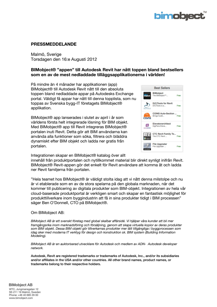 BIMobject® ”appen” till Autodesk Revit har nått toppen bland bestsellers som en av de mest nedladdade tilläggsapplikationerna i världen!