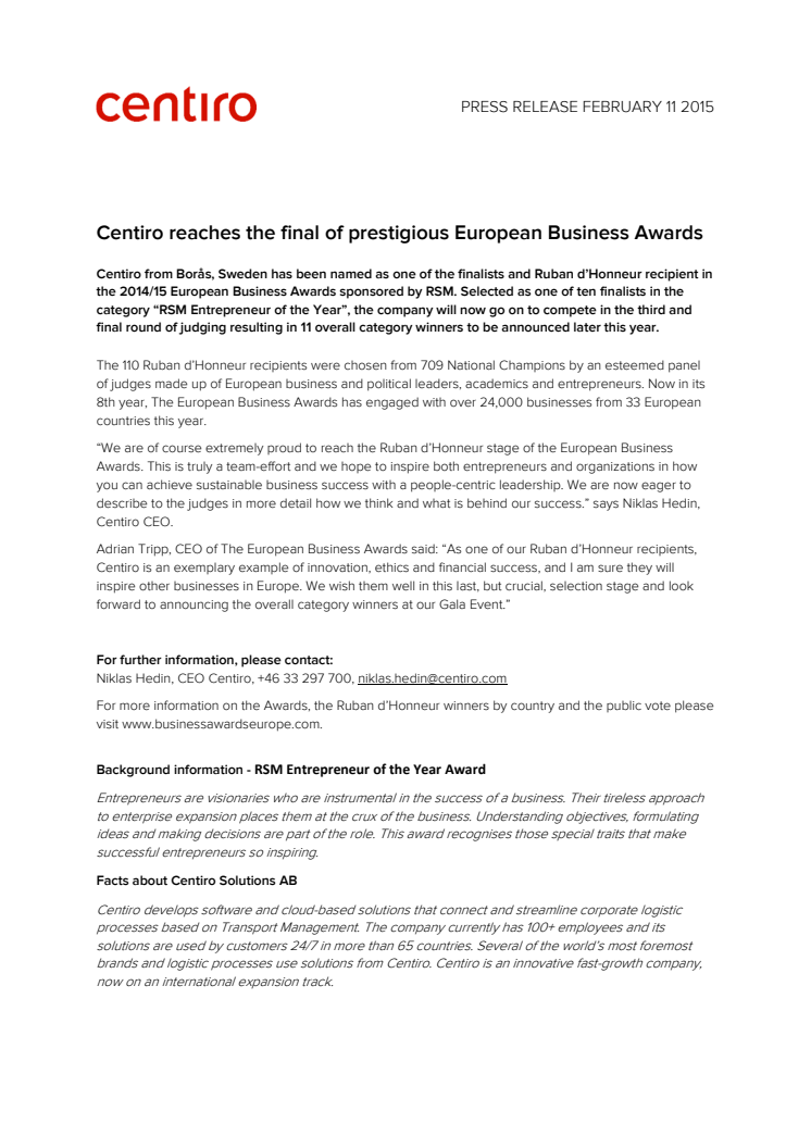 Centiro reaches the final of prestigious European Business Awards