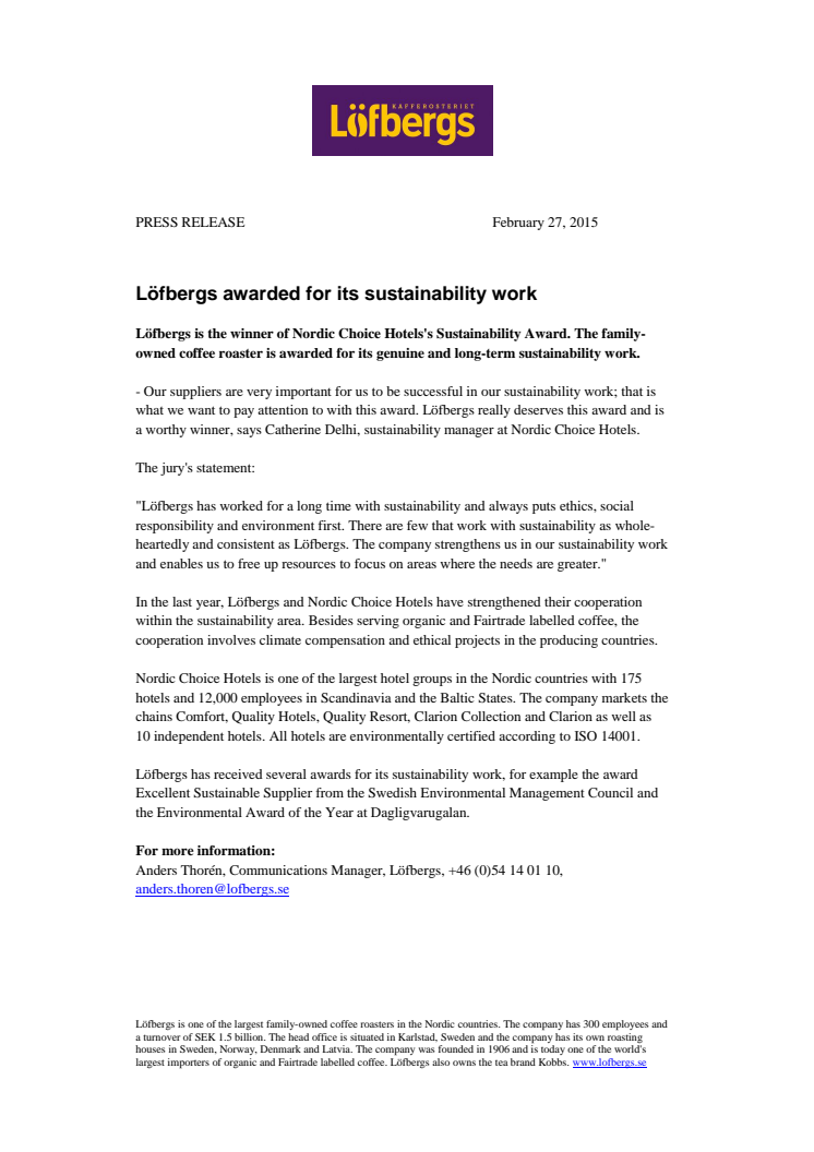 Löfbergs awarded for its sustainability work 