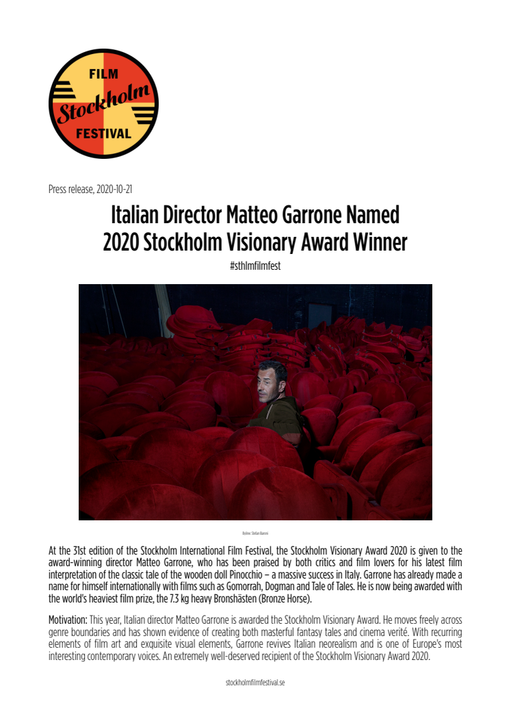 Italian Director Matteo Garrone Named 2020 Stockholm Visionary Award Winner