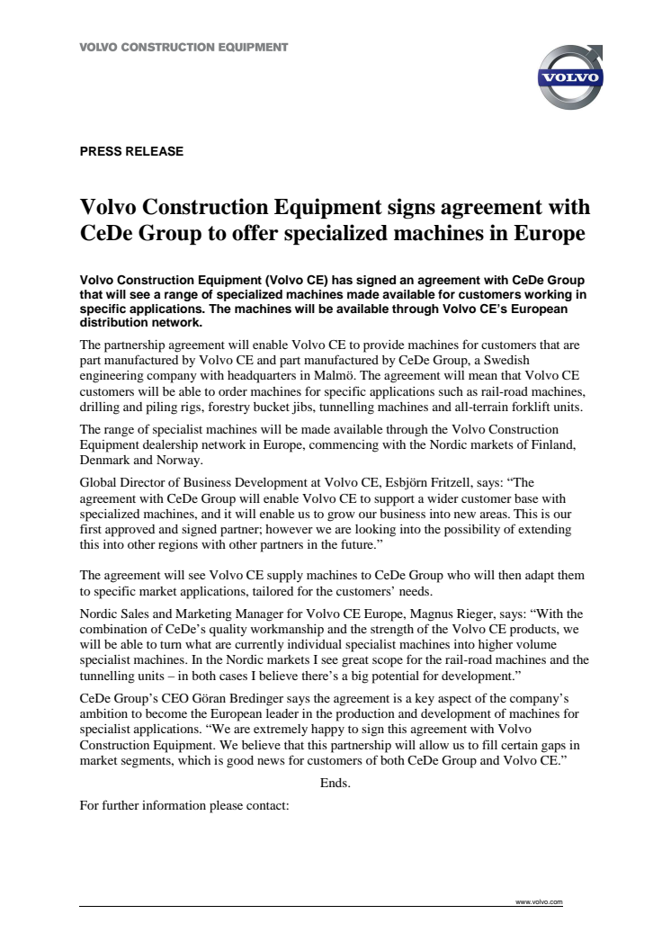Volvo Construction Equipment signs agreement with CeDe Group to offer specialized machines in Europe